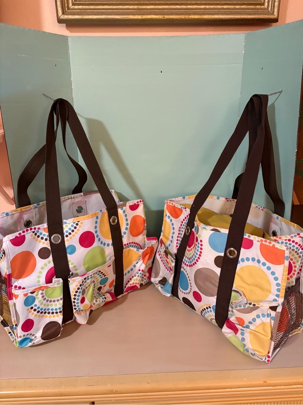Thirty-One Organizing Utility Tote Set of 2 Colorful Dot Circle Pattern